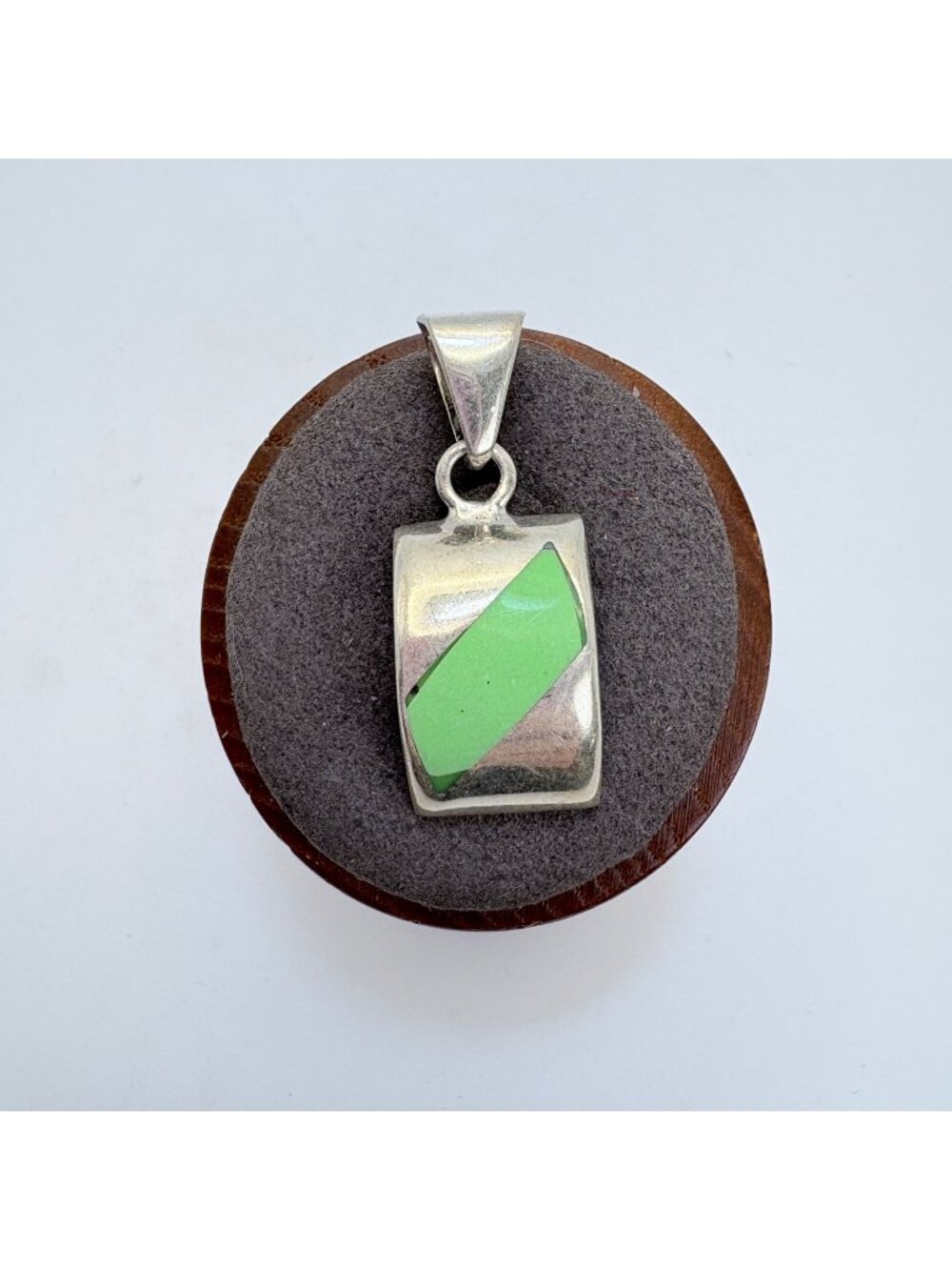 Green Enamel Curved Pendant Solid Sterling Silver 925 Size 1.25" Length